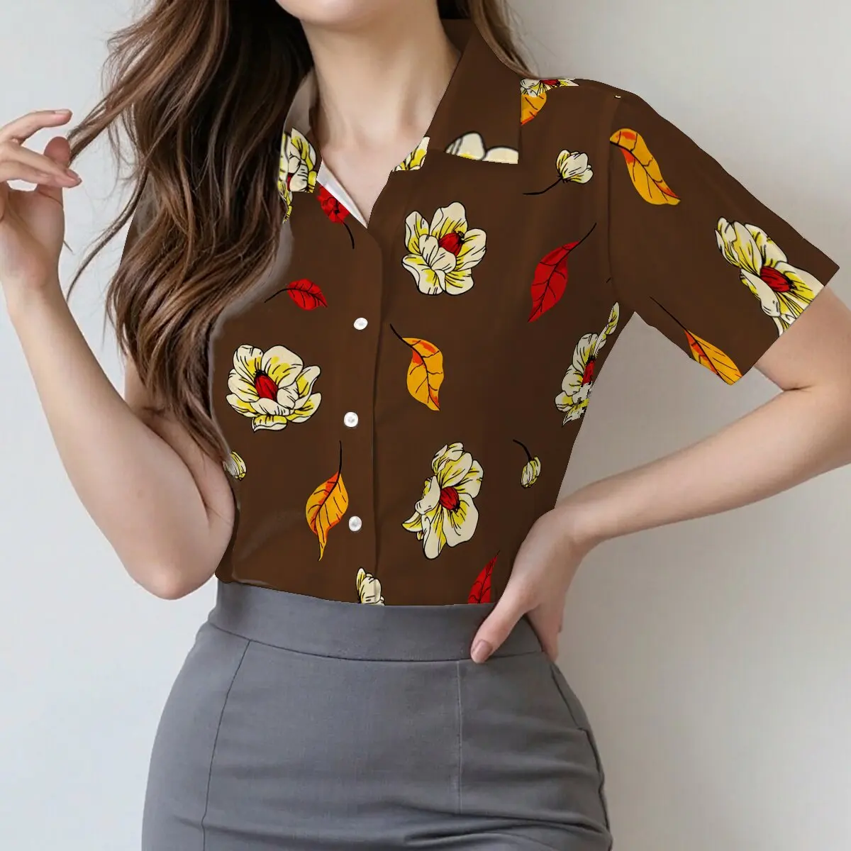 

Summer women's short-sleeve lapel shirt, summer style, stylish textured flowers, elegant & retro, trendy for social & commute