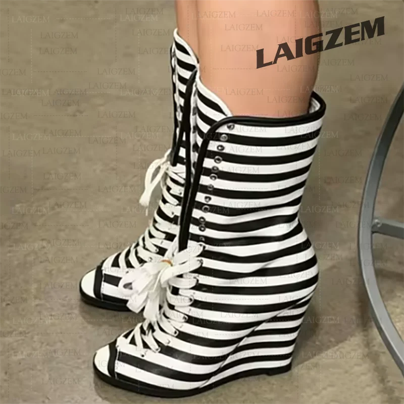 LAIGZEM Women Ankle Boots Peep Toe Wedges Stripes Lace Up Short Boots Handmade Ladies Shoes Woman Large Size 39 42 43