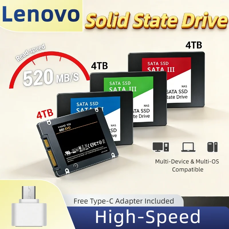 Lenovo 4TB External SSD Type-C USB 3.2 Gen 2 Portable Hard Drive 1050MB/s NVMe M.2 Solid State Drive For Gaming Laptop PS5