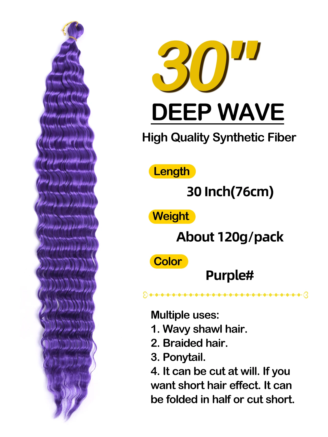 Purple Deep Water Ripple Wig  30 inch Crochet Braids Hair Women\'s Synthetic Fiber Wig  Suitable For Cosplay holidays