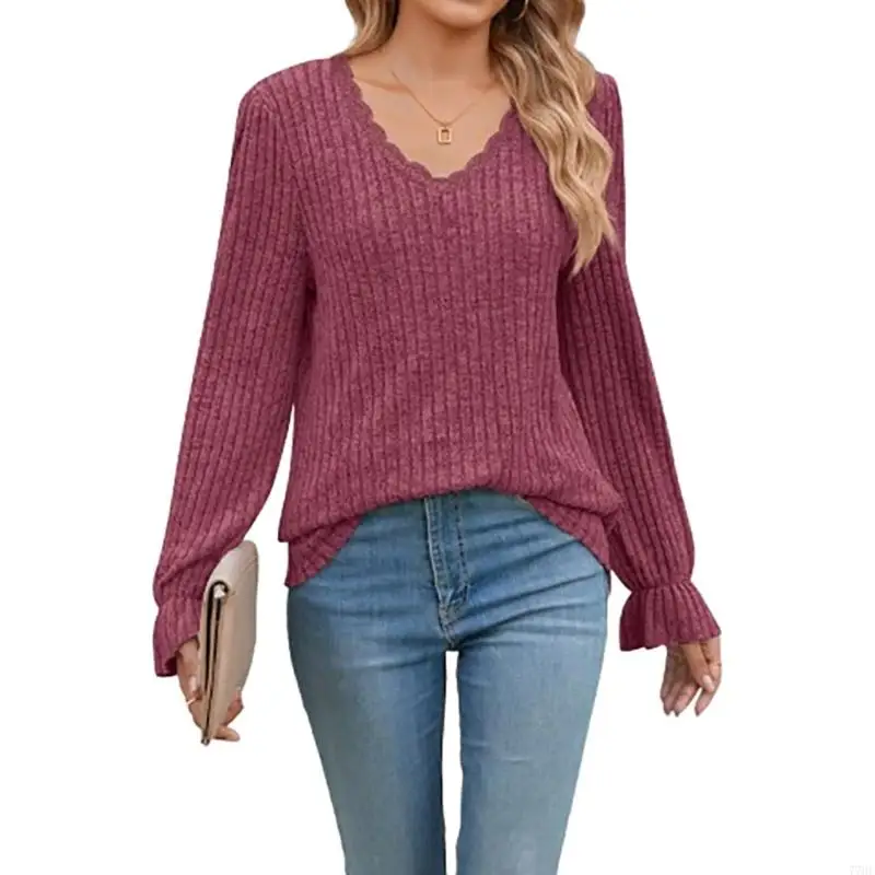 

77HE Женские топы с длинными рукавами, свободный крой, нарядные кружевные повседневные модные топы с v-образным вырезом, которые