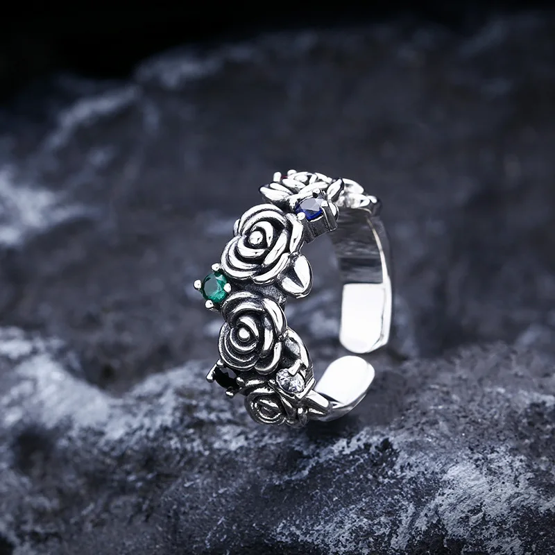 

S925 sterling silver jewelry stylish open ring popular retro old women's rose ring
