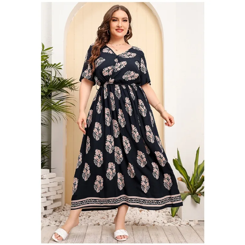 XL-5XL sukienki Plus Size dla kobiet odzież z krótkim rękawem z głębokim dekoltem w szpic, luźna w stylu Casual, letnia elegancka sukienka plażowa