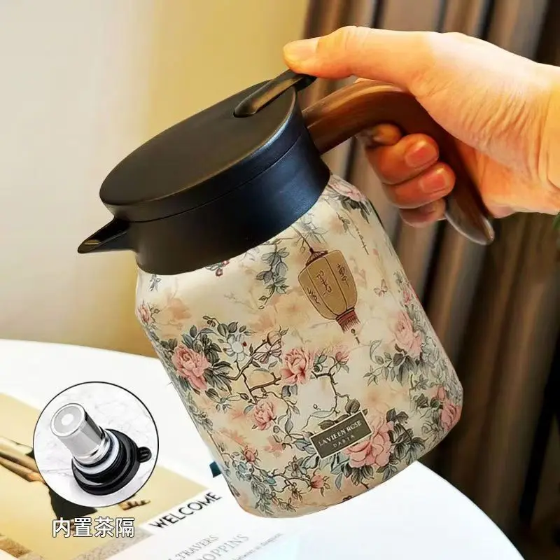 

1000ml Floral Pattern Teapot with Lid Vintage Floral Tea Thermos Built-in Infuser Tea Separation Thermal Water Kettle Coffee Pot