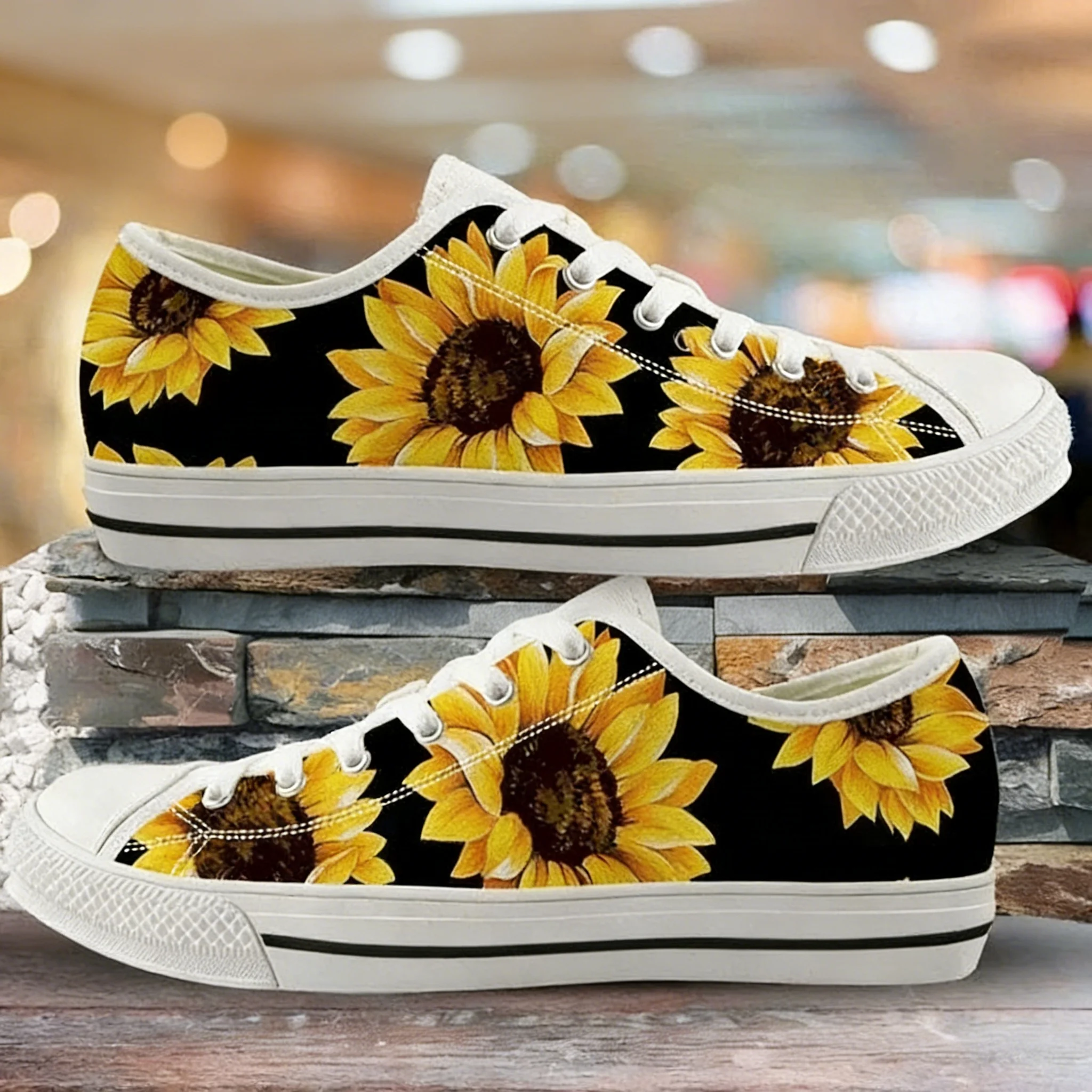 

Sneakers For Woman Beautiful Yellow Flower Sunflower Low Top White & Black Canvas Shoes Designer Lady Shoes Zapatos Para Mujeres