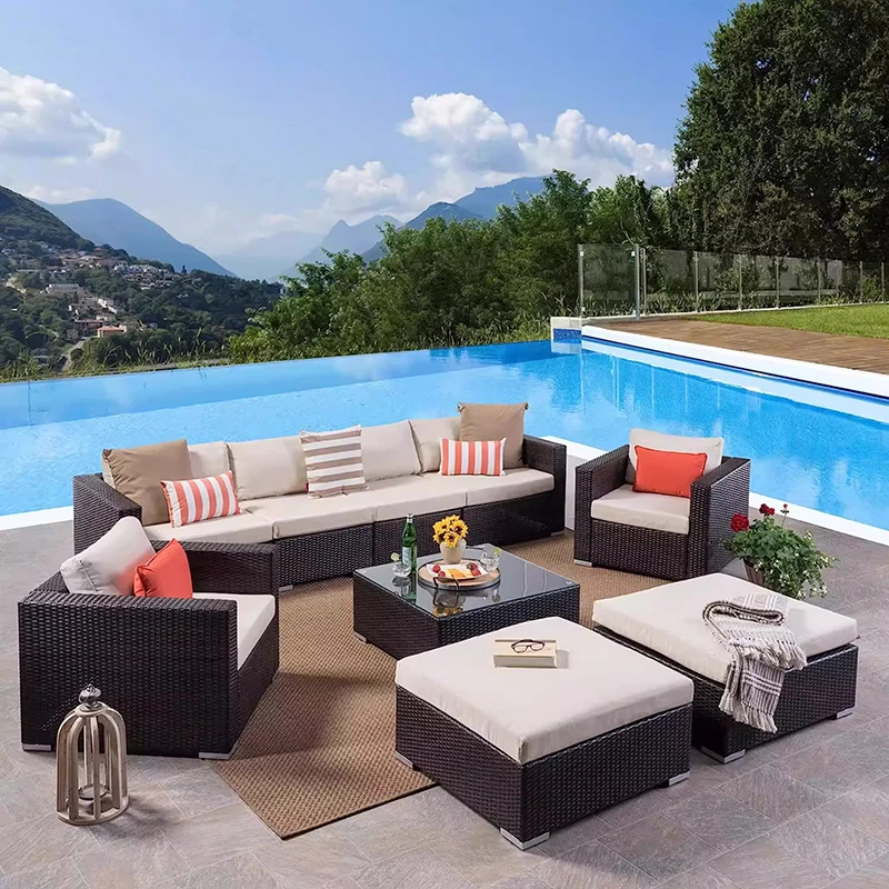 Outdoor Rattan Gartenmöbel Sets Sofa Moderne Luxus Metall Gartenmöbel Sets Aufbewahrungstisch Conjunto Trendige Möbel