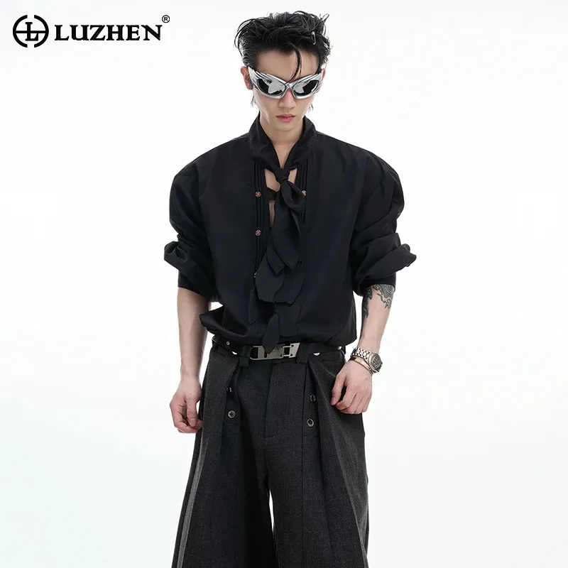

LUZHEN 2025 Solid Color High Quality Ice Silk Long Sleeve Shirts Men's Elegant Ribbon Decorate Pleat Double Breasted Tops JY3250