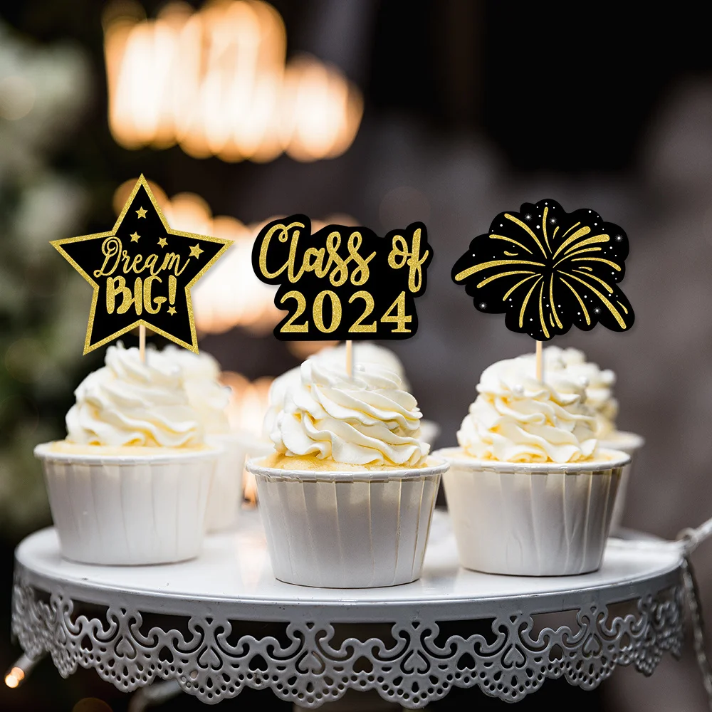 2024 Graduation Cake Toppers Congrats Grads Gold Black Paper Cucpake Topper Cake Decorations For Graduation Party 2024 Class