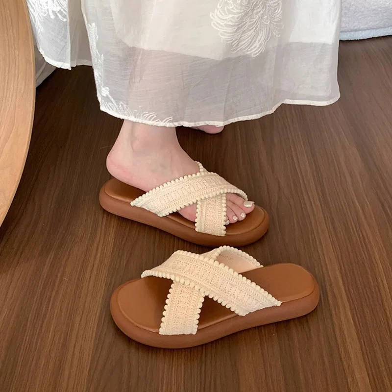 Low House Slippers Platform Shoes Woman 2024 Big Size Shale Female Beach Soft Sabot Rubber Hoof Heels Rome Slides Scandals PU Sy