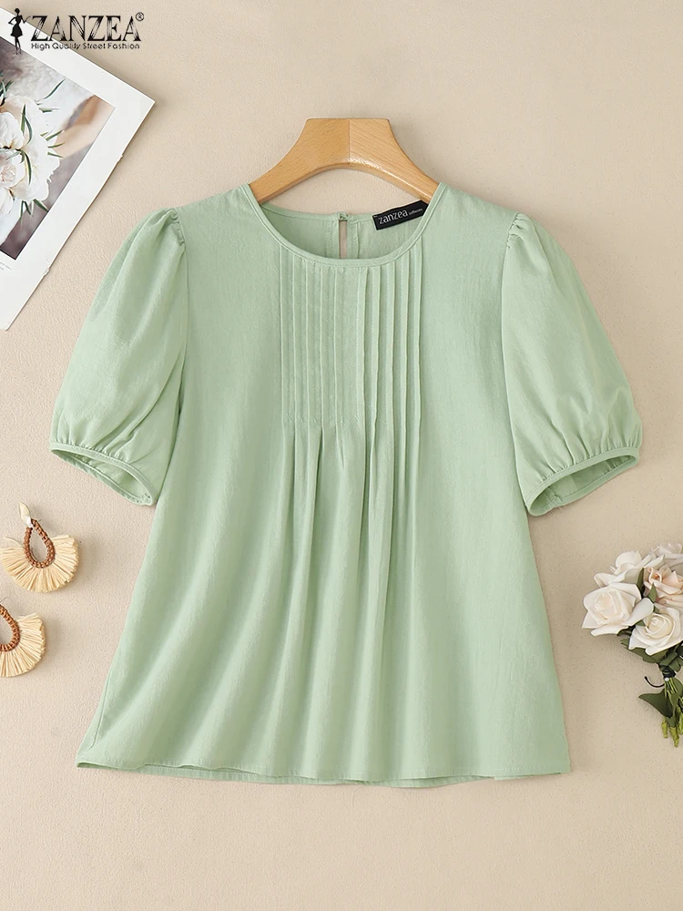

ZANZEA женские летние хлопковые льняные блузки с плиссированным нагрудником и круглым вырезом с короткими пышными рукавами Blusas Mujer повседневная модная однотонная сорочка