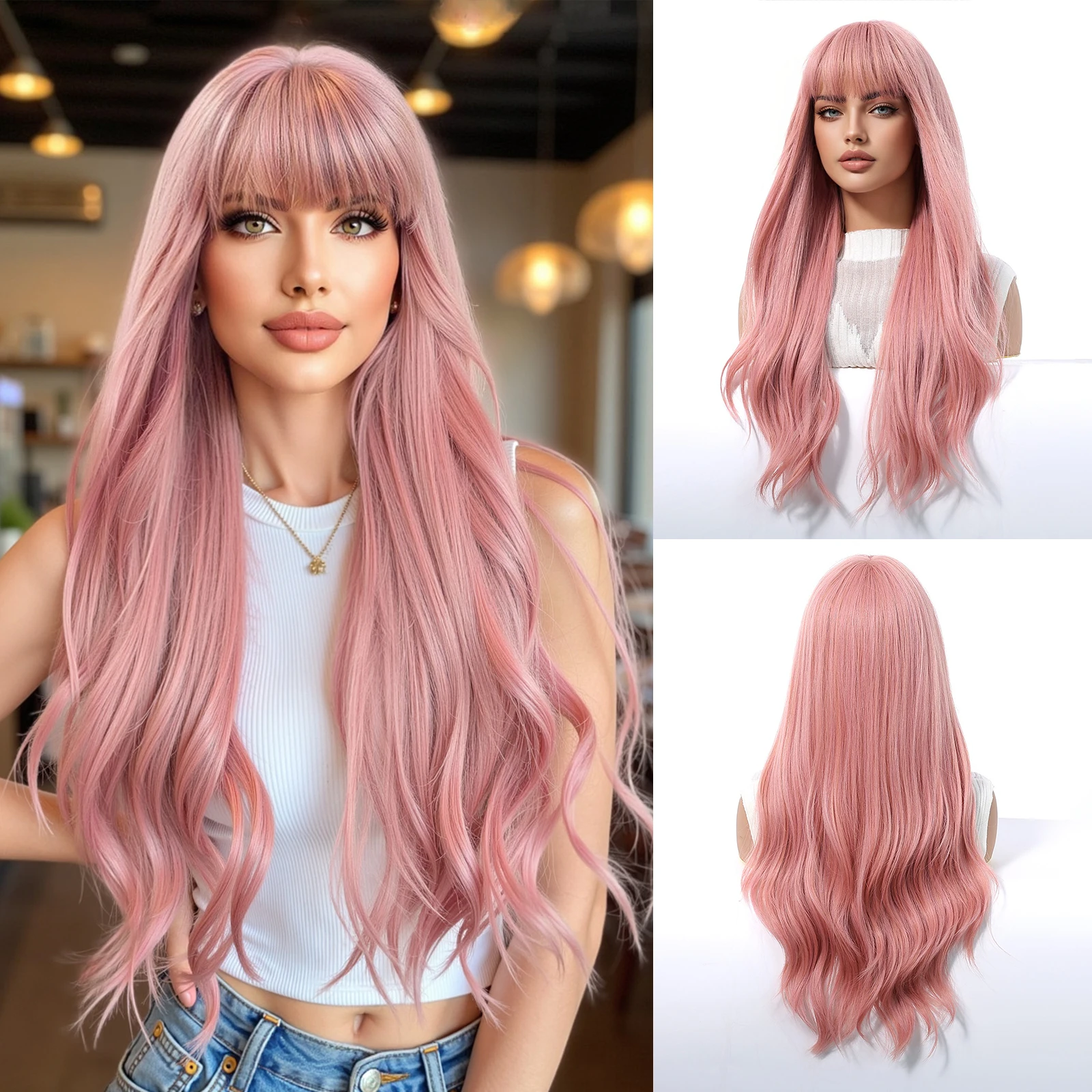 شعر مستعار طويل مموج مائي مع غرة وردي ملون، شعر مستعار حريري للنساء للحفلات اليومية، شعر صناعي ناعم طبيعي مقاوم للحرارة #1
