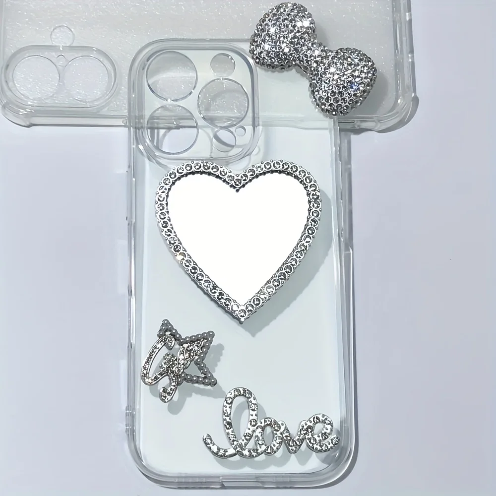 

4Pcs/Set Luxury Full Diamond Bow Hollow Pearl Star Heart Mirror With Rhinestone Love Junk Phone Case Ipadcase Decoration Charms