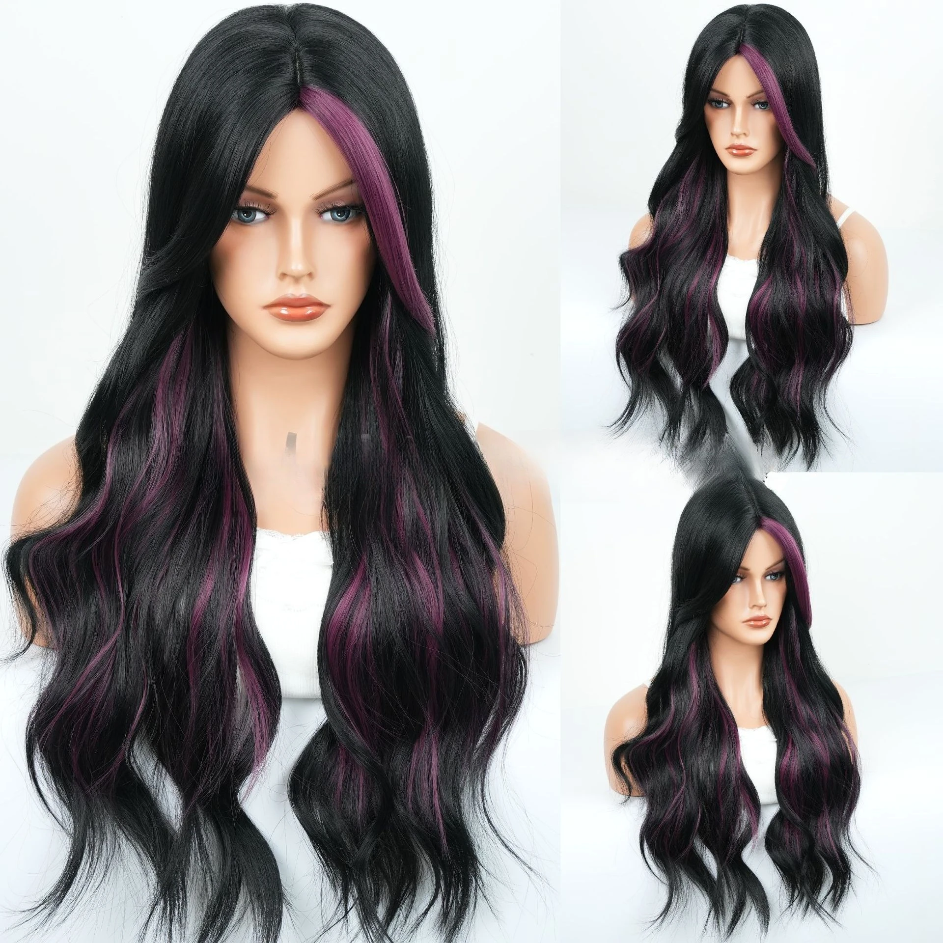 

Wig Women's Fashion Eight-character Bangs Medium Highlights Purple Long Curly Hair Big Wave Mechanism Wig Full Headgear