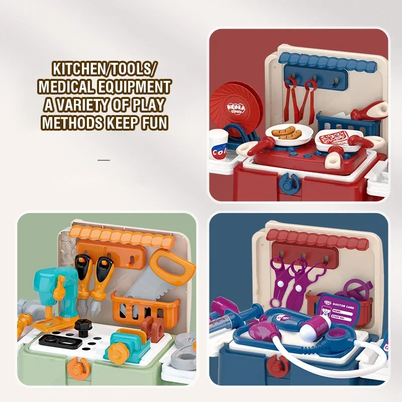 Zestaw zabawek dla dzieci 3 w 1: skrzynka narzędziowa, kolejka z pojazdami, zabawki kuchenne, zestaw sprzętu lekarskiego, siedzisko, wielofunkcyjne przechowywanie, zabawa w udawanie.