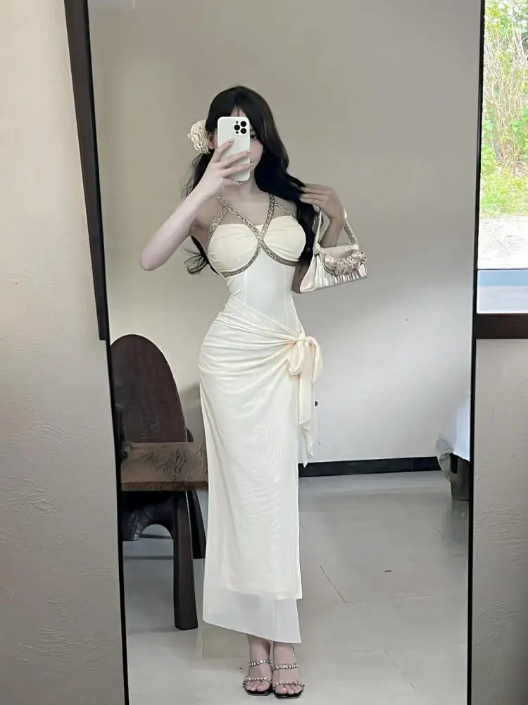 

French Women's Black Beige Patchwork Fashion Backless Slim Long Dress Summer Sexy Sleeveless Off Shoulder Halter Bandage Dresses