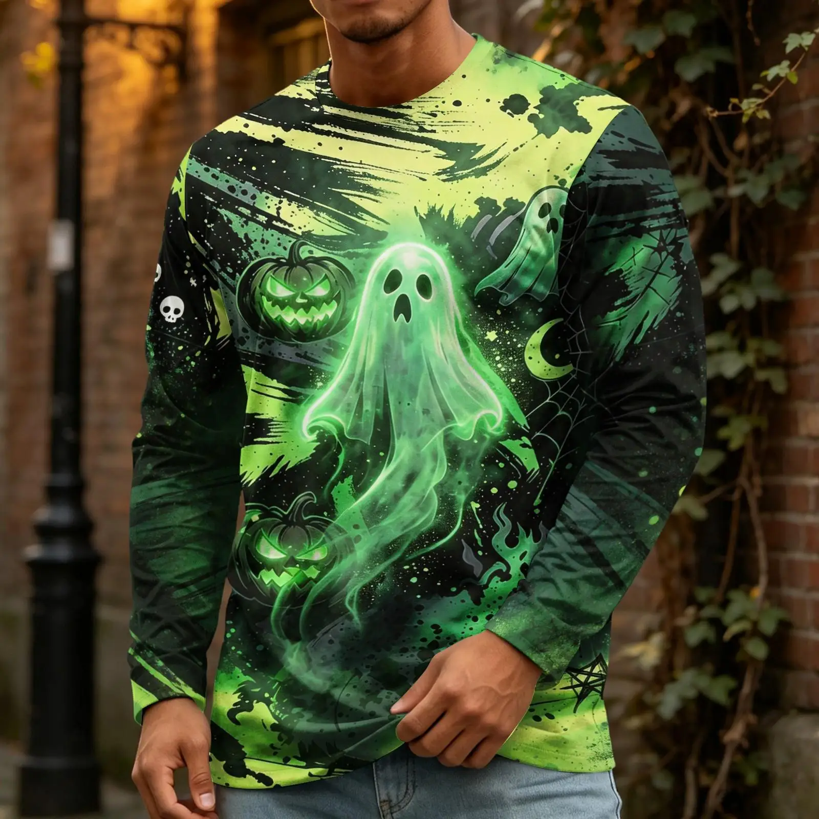 Men Long Sleeve T‑Shirt Halloween Ghost Pumpkin 3D Splash Ink Print Gothic Casual Street Tee