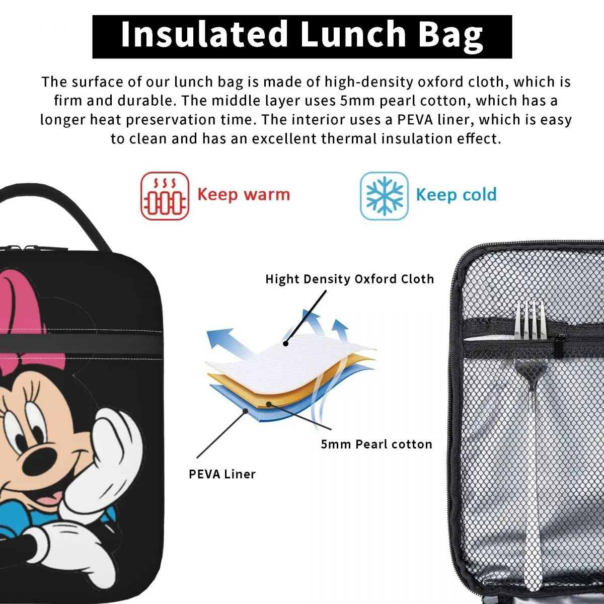 Mickey Mouse Lovely Cartoon Insulated Lunch Bags Leakproof Reusable Thermal Bag Tote Lunch Box Beach Travel Men Women