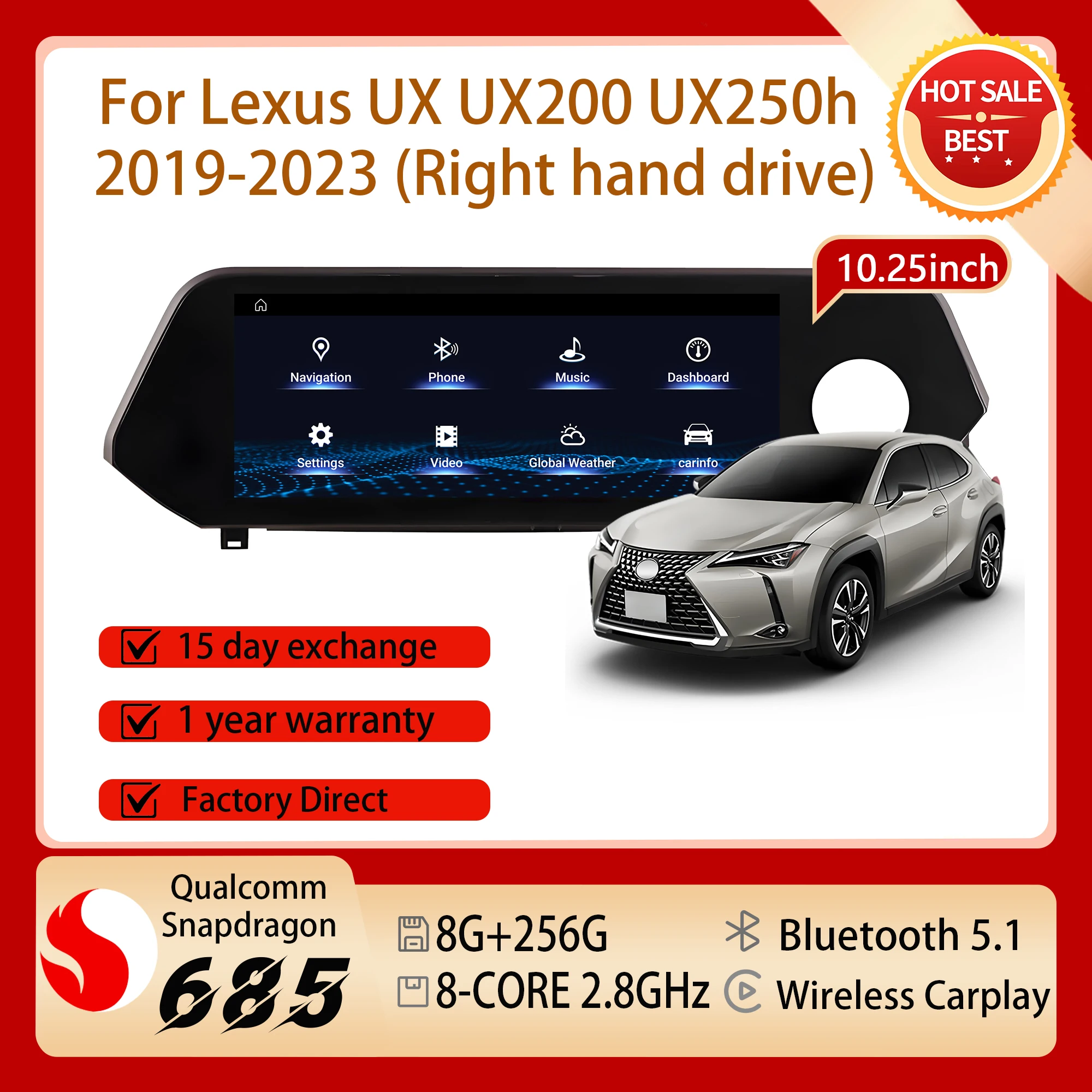 10.25inch Right Hand Drive For Lexus UX UX200 UX250h 2019-2023 Android 14 Touch Screen Carplay Car Radio GPS Navi Snapdragon 680