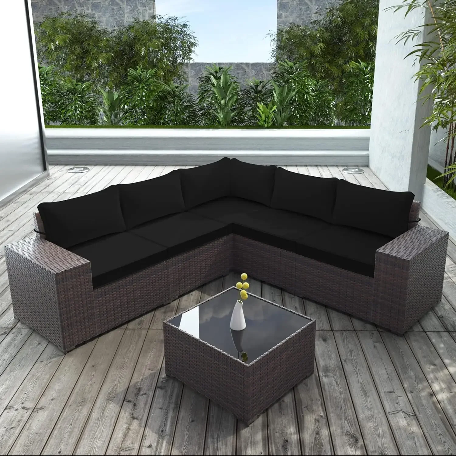 

6-Piece Patio Furniture Set, All-Weather PE Rattan Outdoor Sectional with Replaceable Black Waterproof Cushions