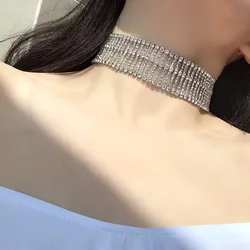 Diamante Rhinestone Choker Necklace for Women Silver Color Wedding Bridal Party Crystal Collar Choker Chain Necklace Jewelry New