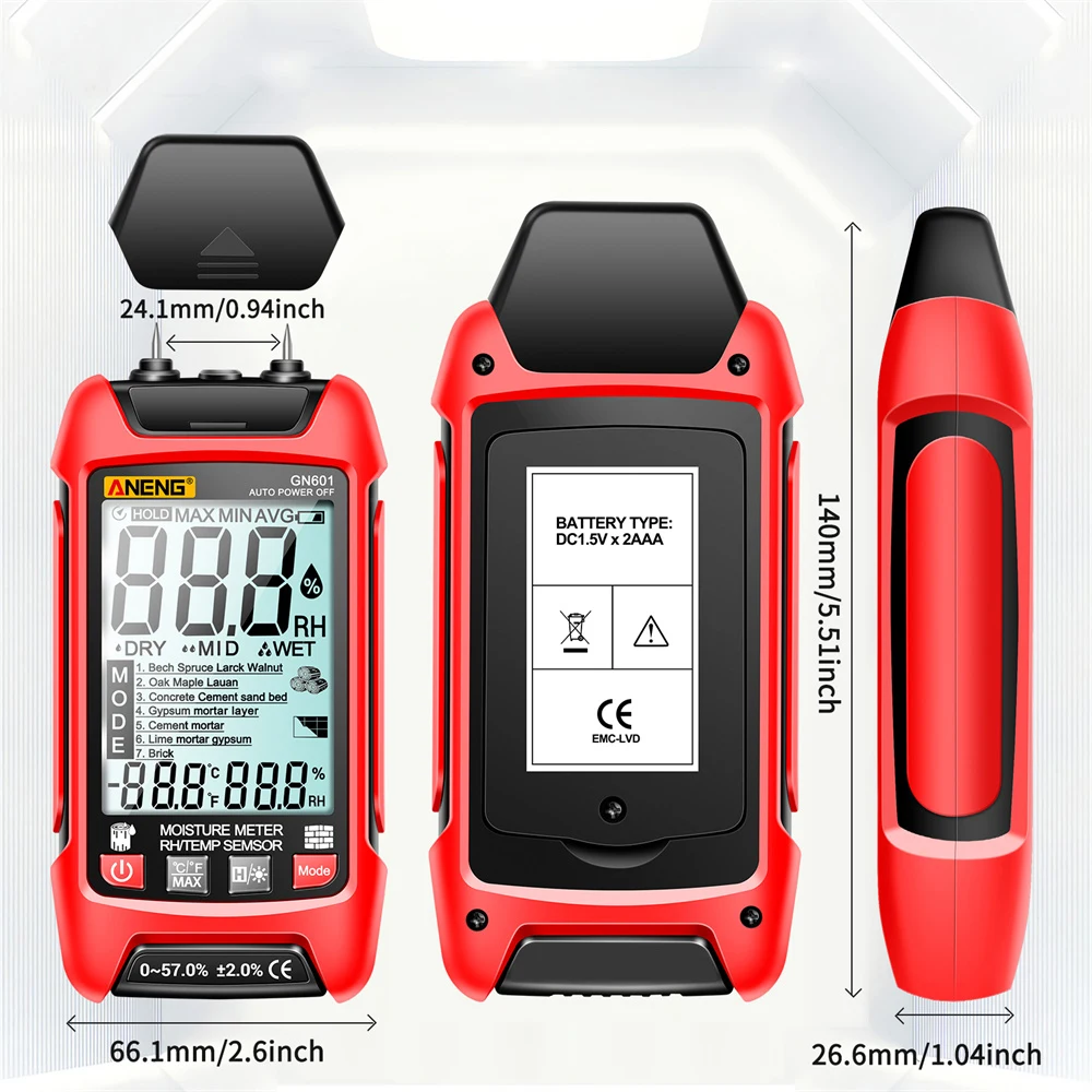 ANENG GN601 Wood Moisture Meter Digital Moisture Detector Pin-Type Water Leak Damp Tester for Wood Building Walls Paper