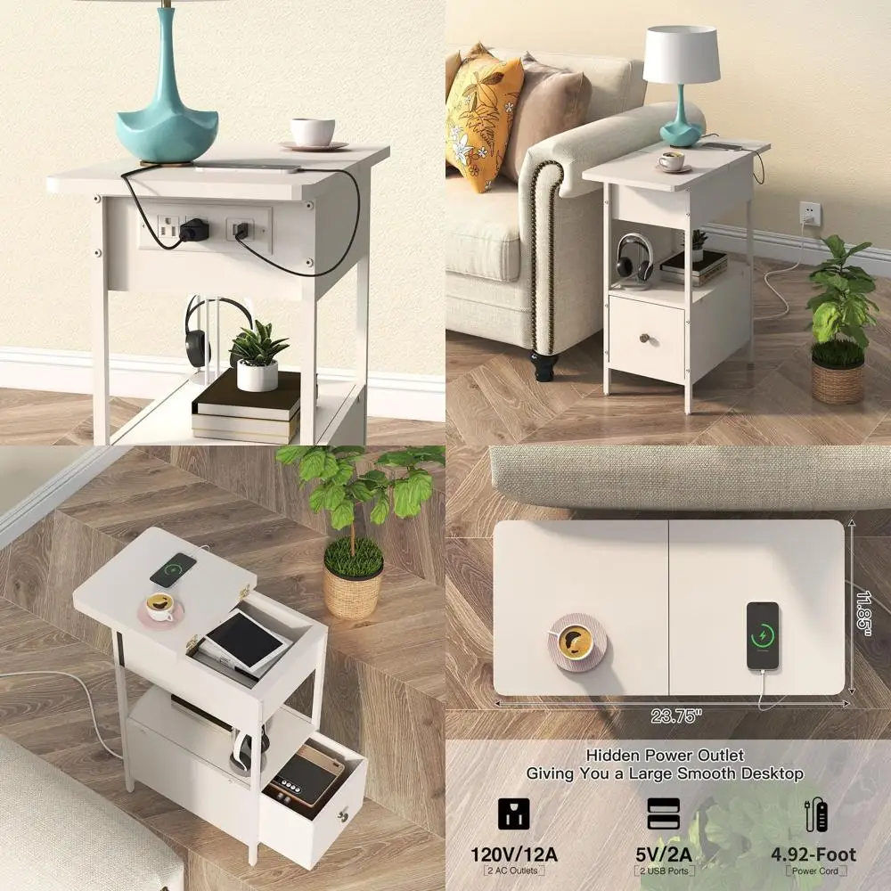 

White Charging Station End Table, Compact Flip-Top Cabinet Nightstand for Small Spaces in Bedroom and Living Room