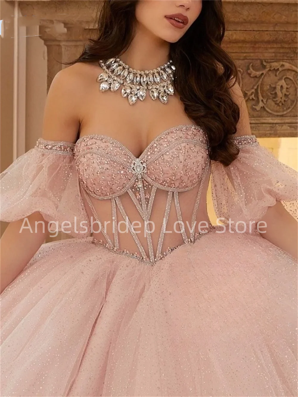 Angelsbridep-vestido De baile rosa claro con hombros descubiertos para Quinceañera De 15 Años, vestido De princesa brillante con lazo, 2025