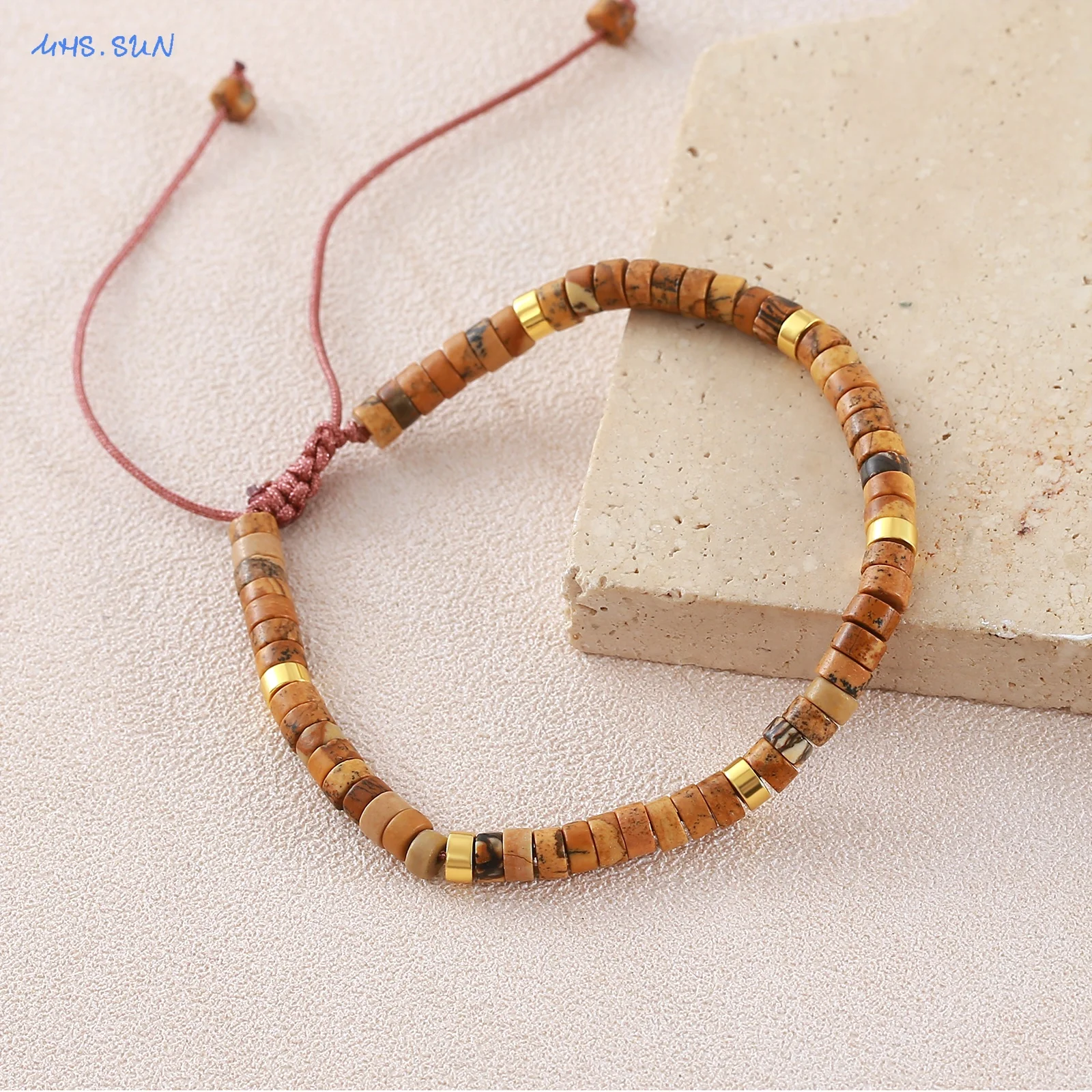 Fashion 4*2mm Natural Picture Stone Round Bead Adjustable Woven Drawstring Bracelet Unisex Jewelry For Daily And Party Wear