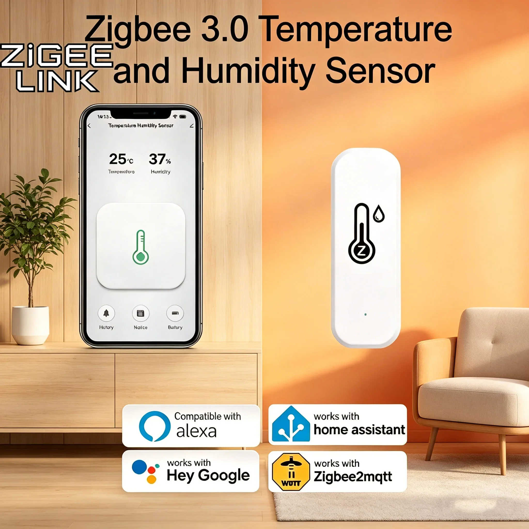 Sensor de Temperatura e Umidade Inteligente Zigbee/WIFI Tuya, Termômetro e Higrômetro com Alarme Remoto via APP, Compatível com Zigbee2Mqtt, Google Assistant e Alice
