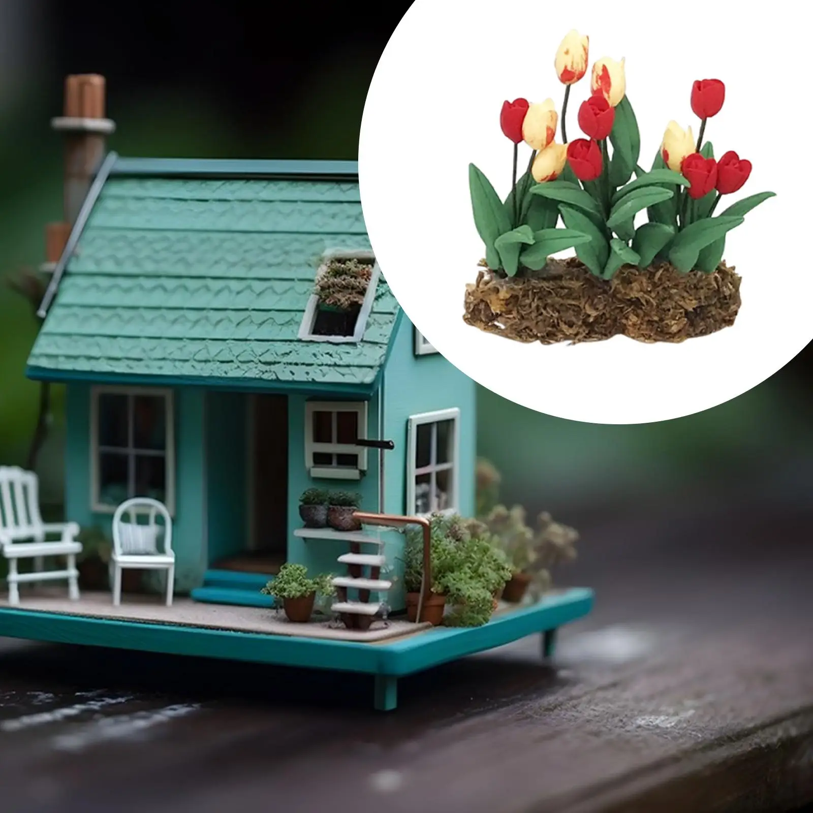 

Dollhouse Miniature Tulip Flower in Grass Ground,Doll House Decoration Miniature Garden Accessory 1/12 Scale for Micro Landscape