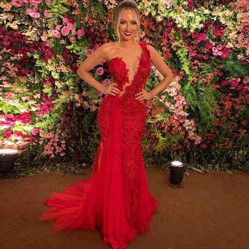 Vestido De fiesta De encaje rojo Sexy, apliques De un hombro, vestido De fiesta De sirena para mujer, vestido De noche Formal, batas De Soirée personalizadas