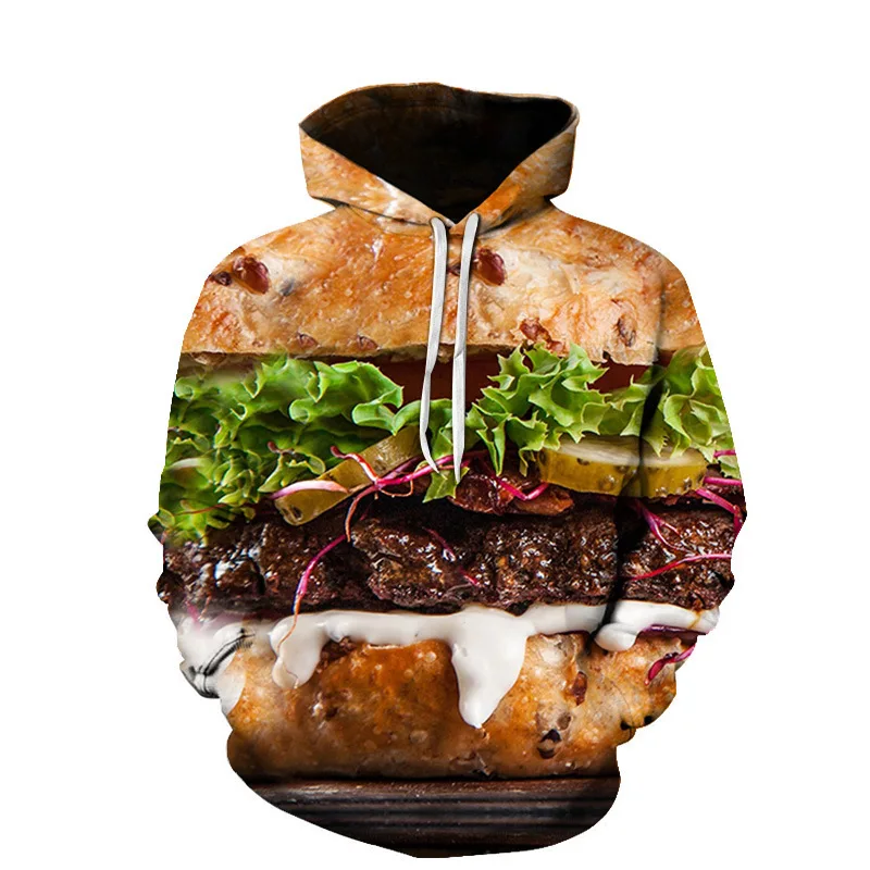 Funny Hamburger Hoodie Food 3D Print Men Women Streetwear Casual Hoodies Oversized Pullover Hooded Sweatshirts Kids Top Clothing