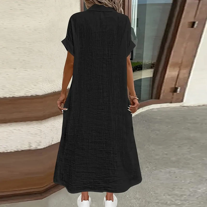 Frauen Mode Sommer Midi Kleid V-ausschnitt Button Up Urlaub Kleider Frauen Baumwolle Leinen Weiß Kurzarm Tasche Casual Hemd Kleid