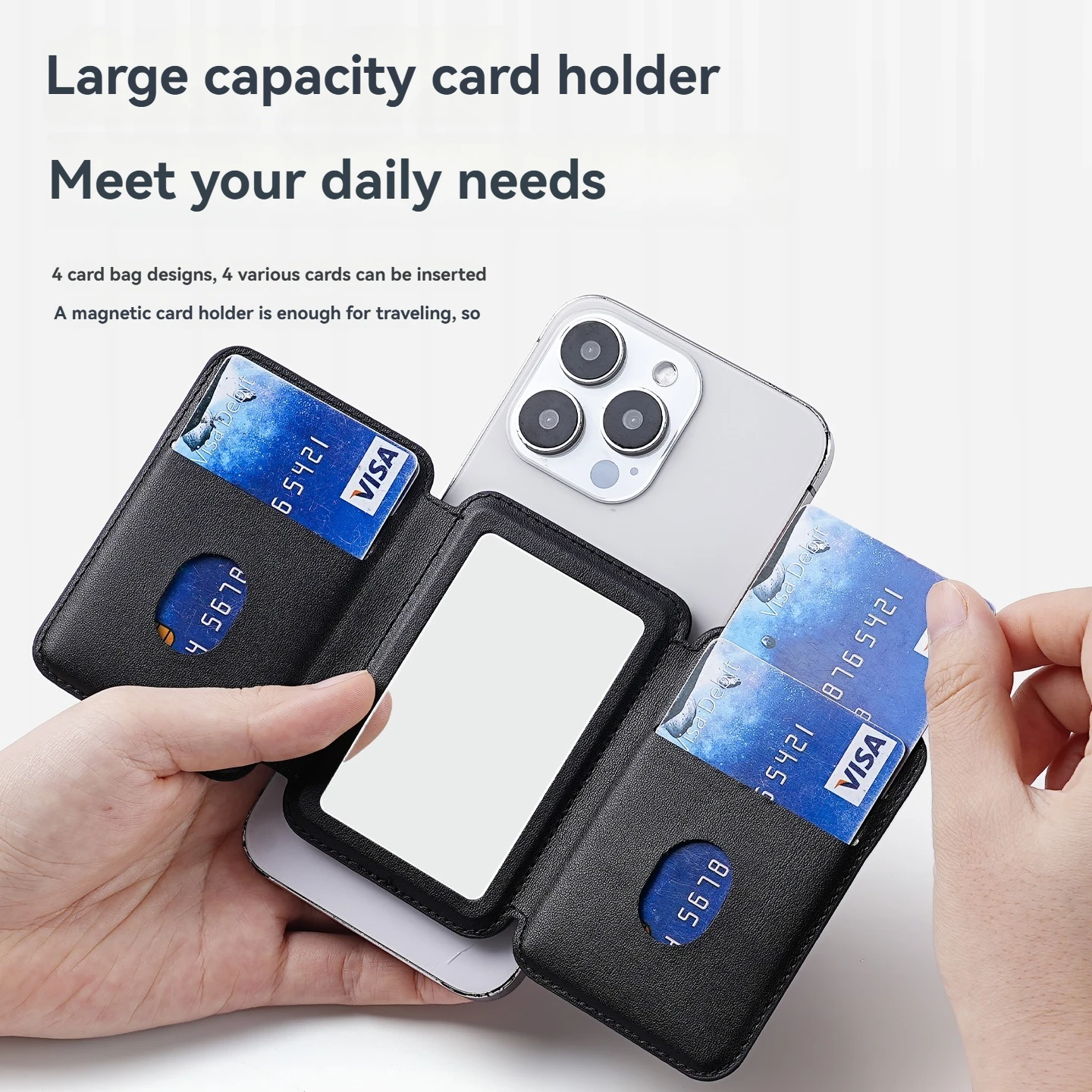 

For Magsafe Wallet Phone Card Holder with Mirror Foldable Magnetic Stand Anti-theft Leather for iPhone 17 16 15 14 13 ProMax