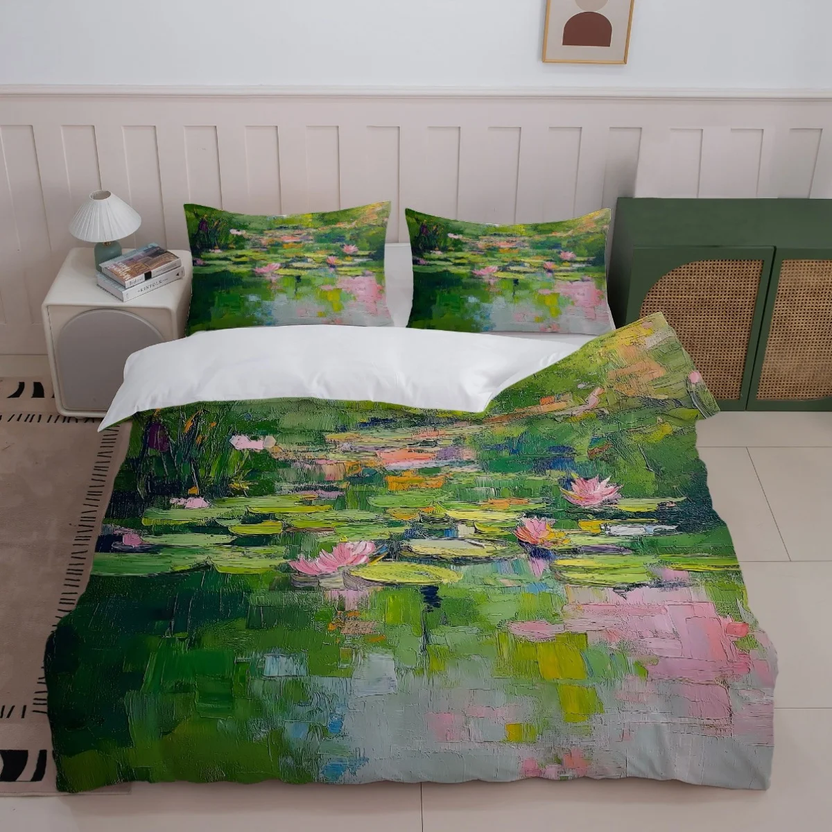 Polyester Fiber Duvet Cover Set of Three, 2D Flat Printed Duvet Cover Set, Duvet Cover Bedding Set, Watercolor Lotus Leaf Duvet Cover Set, Machine Washable, Invisible Zipper, Large Duvet Cover Set, Bedding Set, Quilt Cover
