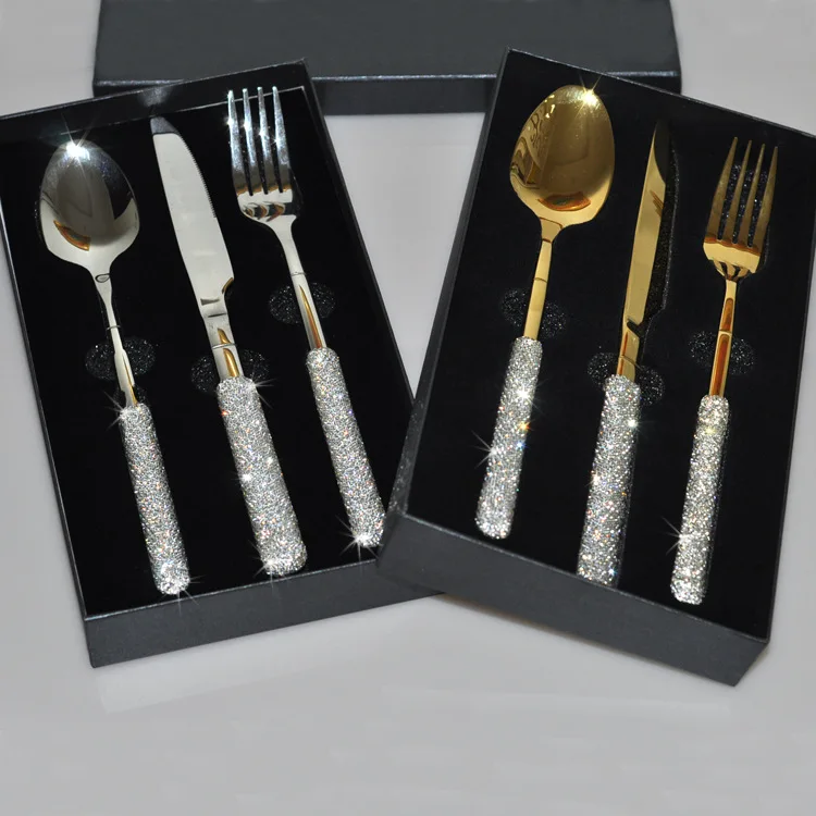 Spoon Fork Knife Set with Bling Sparkling Diamond 304 Stainless Steel Cutlery Tableware Home Kitchen Wedding Supplies Luxury
