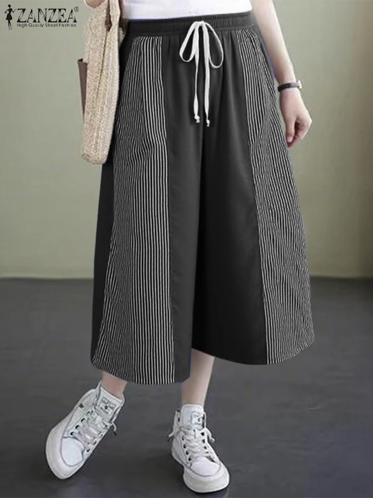 Striped Capris Women Casual Loose Pants Elastic Waist Trousers Fashion Color Patchwork Lace-Up Wide Leg Pants ZANZEA 2025
