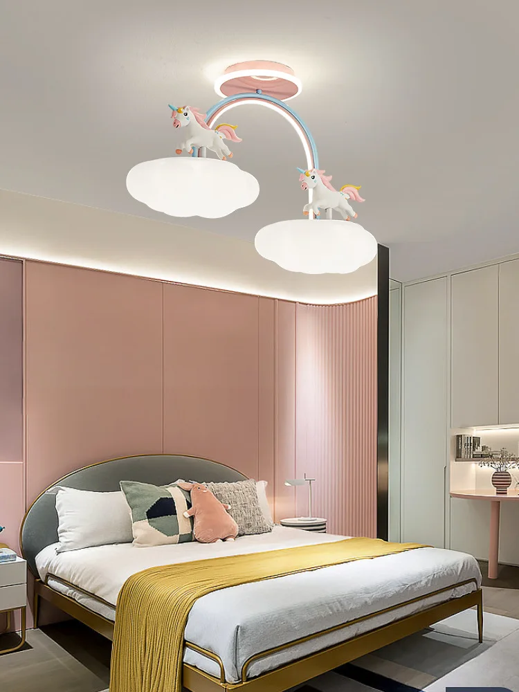 Rainbow ceiling light Cartoon Unicorn Light Children's Room pink lamp with Remote Control Cloud Princess Room girls bed room lig