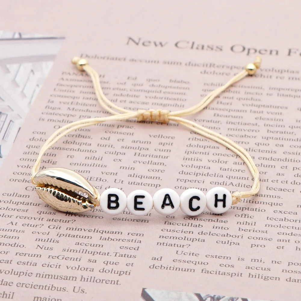 GO2BOHO Simple Style BEACH Letter Shell Bracelet Tiny Jewelry Bohemia Adjustable Rope Bracelets For Women