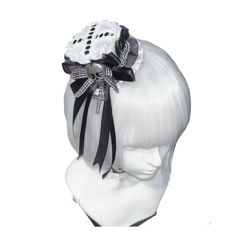 Subcultura y2k meninas rendas headwear gótico preto e branco verificação babado organza esqueleto pequeno chapéu acessórios para o cabelo