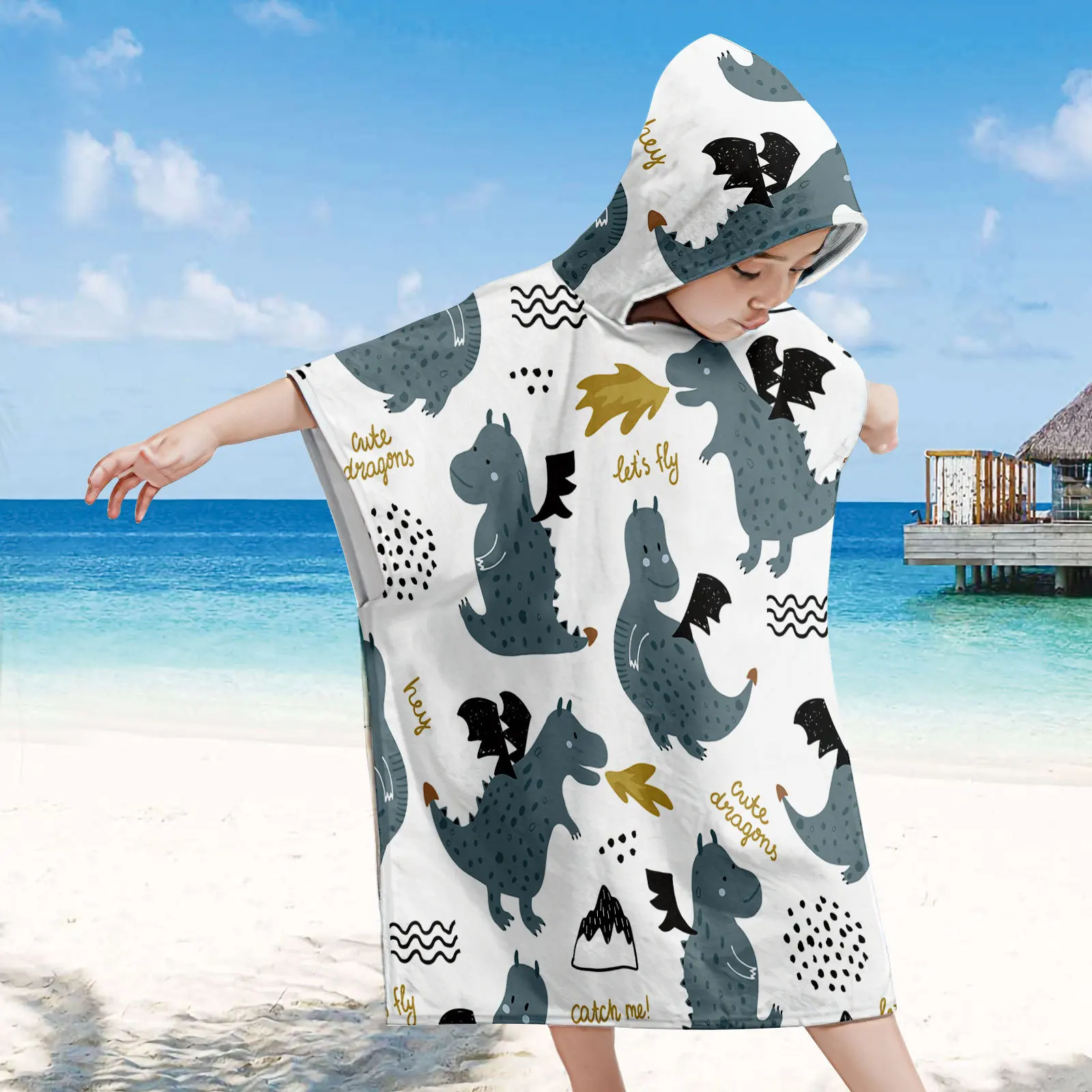 60x60cm Dinosaur Children's Beach Sun Protection Hooded Cape Beach Changing Towel Swimming Can Wear Printed Special Bath Towel