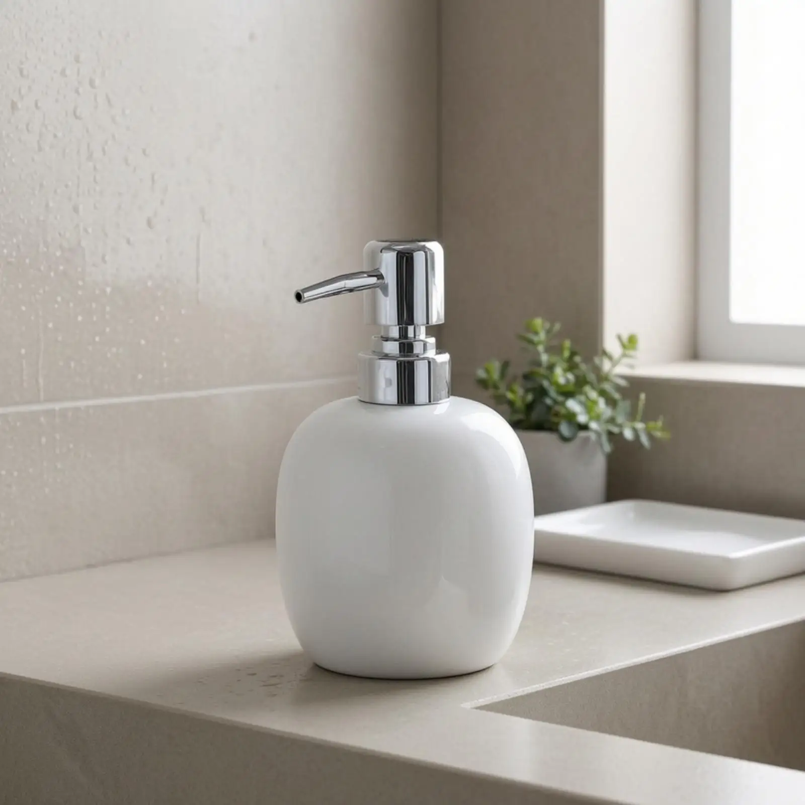 Modern Oval Ceramic Pump Dispenser Bottle for Liquid Soap Shampoo Body Wash Bathroom Hotel Guest Room Countertop White Finish