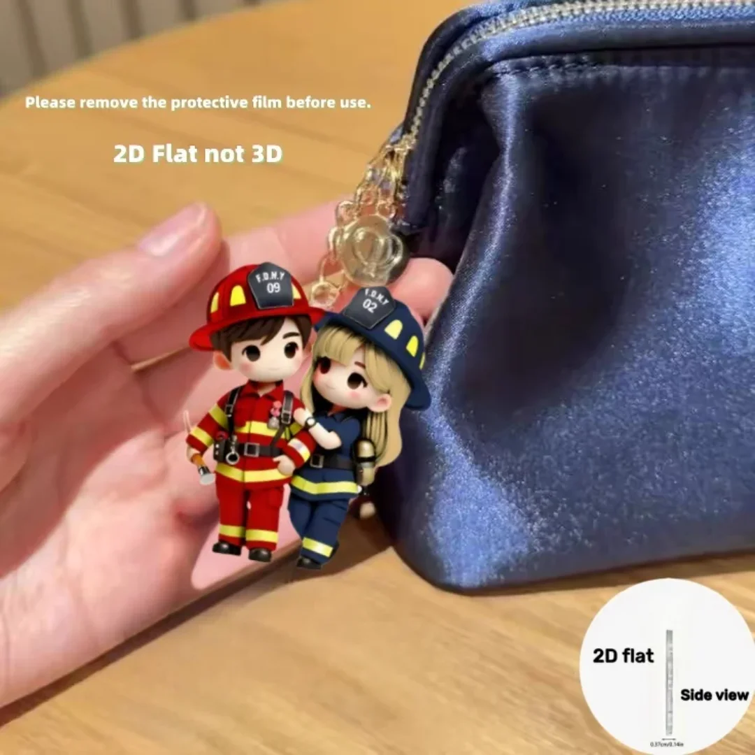 Heavy Equipment Key Ring - 2D Firefighter Couple Keychain Cute Flat