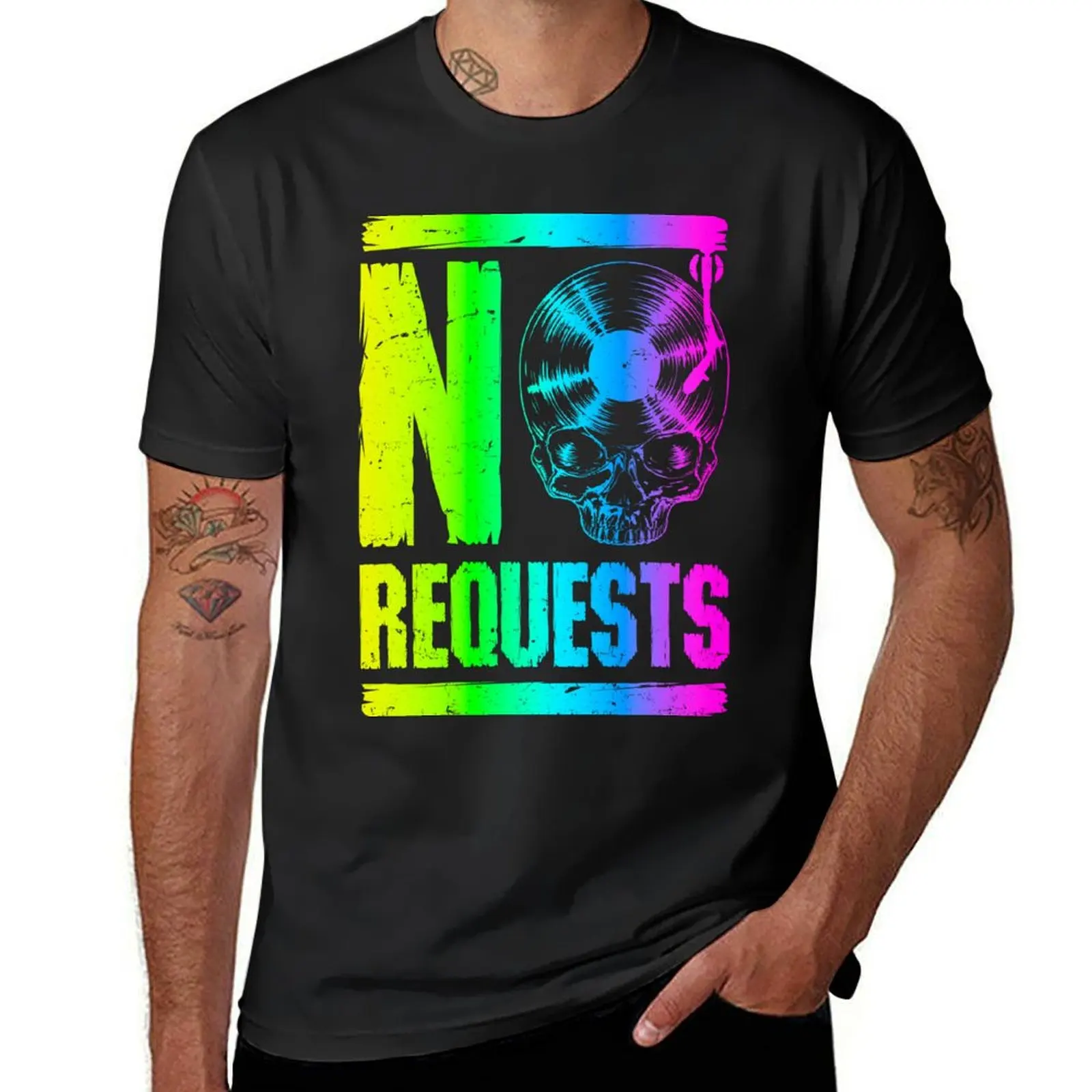 No Requests DJ Turntable Vinyl Record Gothic Skull Rainbow T-Shirt graphics blacks vintage clothes T-shirts for men cotton