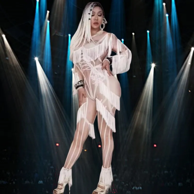 

Sexy Stage White Tassel Jumpsuit Women Fringe Leotard Dance Costume Singer Dancer Nightclub Party Show Performance Clothes