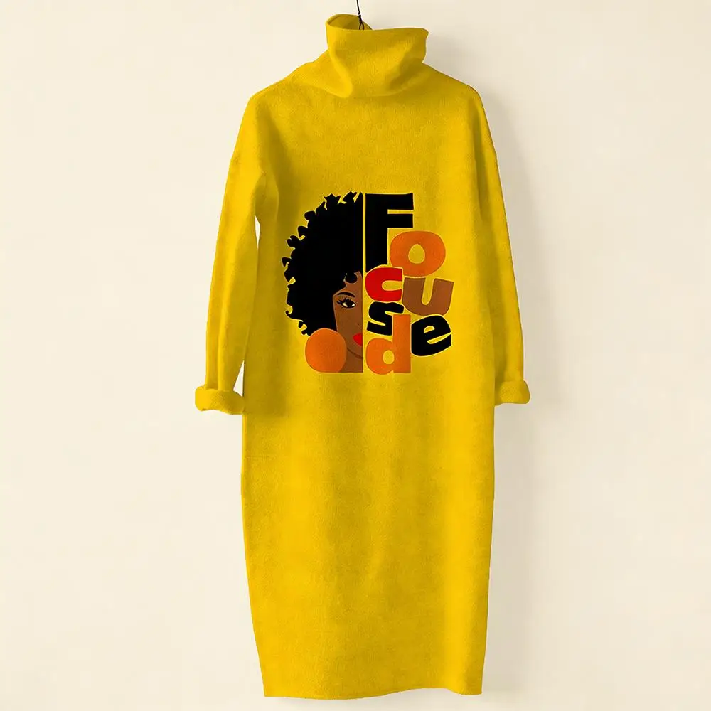 

Autumn Yellow Turtleneck Long Sleeve Dress Women's African Graphic Print Plus Size Loose Maxi Dress Fashion Casual Vacation Wear