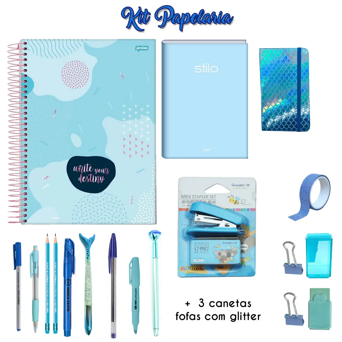 Kit Papelaria COMBO MASTER Tons Azul Studygram Caneta Caderno