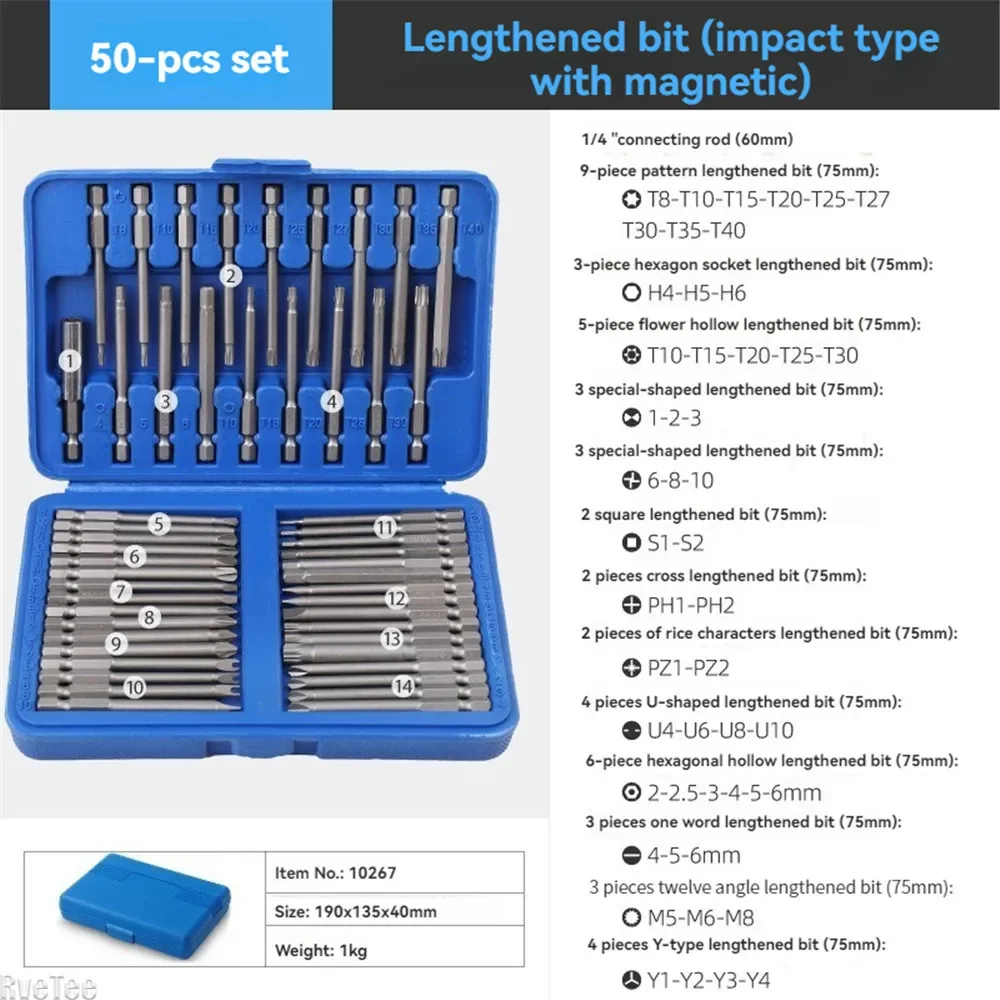 

Head Hex Driver Bits CRV High Hardness Strong Magnetic for Electric Screwdriver 50PCS 1/4 Screwdriver Bits Long Set Torx Flat