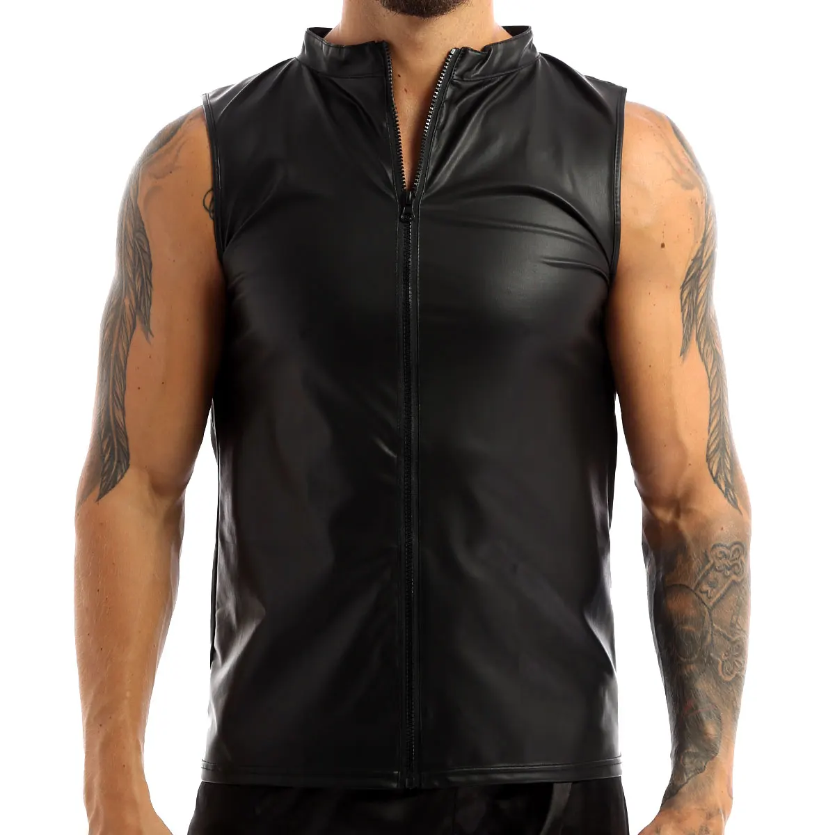 Men\'s Leather Vest Elastic Fashion PU Leather T-Shirts Biker\'s Tank Tops Streetwear