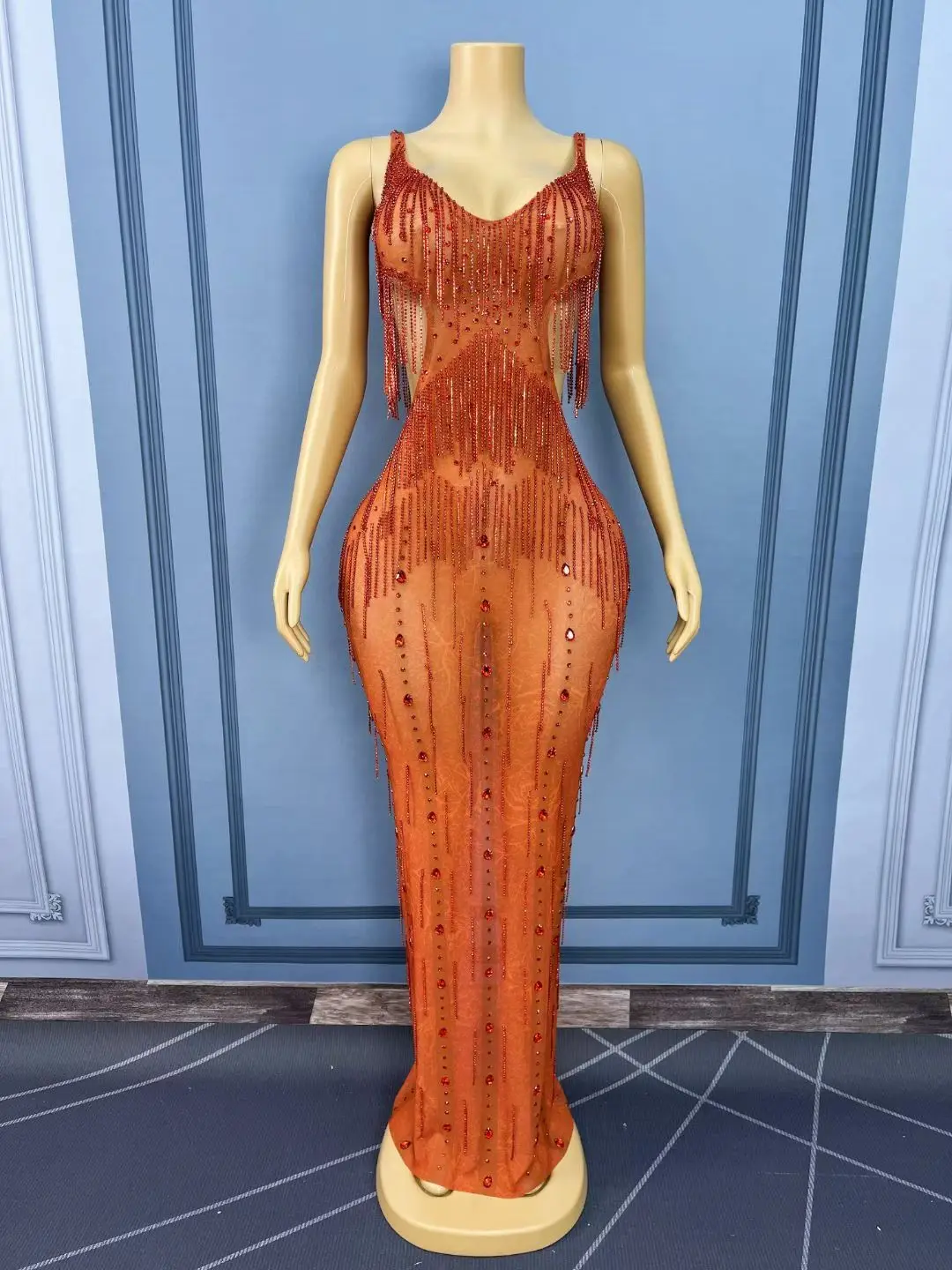 Vestidos de fiesta rojos de lujo para mujer, vestido de fiesta de noche elástico de una pieza con borlas y diamantes de imitación recortados, largo y suave